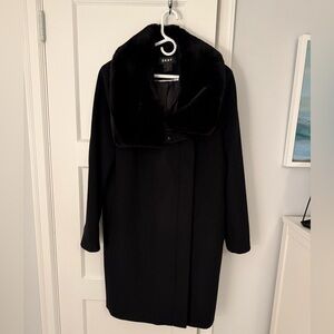DKNY Women's Elegant Black Pea Coat with faux fur collar